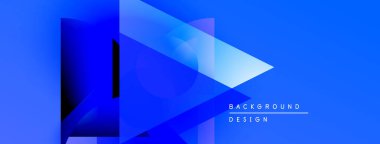 Soyut geometrik şekiller örtüşüyor, canlı mavi gradyanlar yaratıyor. Modern tasarım, teknoloji, yenilik, gelecek kavramları öneriyor. Temiz estetik.
