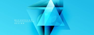 Soyut geometrik şekiller örtüşerek dinamik mavi gradyan arkaplan oluşturur. Modern tasarım elementleri teknoloji ve yenilik öneriyor.