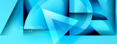 Soyut mavi arkaplan geometrik şekiller, gradyanlar, üst üste binen katmanlar içerir. Modern tasarım elementleri dinamik görsel doku oluşturur.