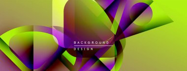 Soyut geometrik şekiller örtüşüyor, canlı renk eğimleri yaratıyor. Sarı, mor, yeşil baskın kompozisyon. Modern tasarım ögesi.