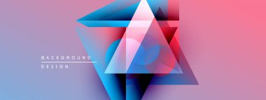 Soyut geometrik tasarım. Üçgenler çakışıyor, canlı renk eğimleri yaratıyor. Mordan pembeye geçişler, mevcut mavi renkler.