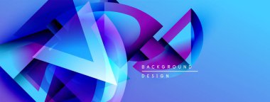 Soyut geometrik şekiller örtüşür, parlak mavi ve mor renkler yaratır. Modern tasarım dinamik enerji ve akışkan hareket öneriyor.
