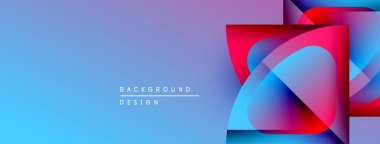 Soyut geometrik şekiller örtüşür, canlı mavi, mor, kırmızı gradyanlar yaratır. Arkaplan ve sunumlar için modern tasarım ögesi.