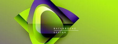 Soyut tasarım canlı yeşil, mor renkler içerir. Geometrik şekilli modern bileşim, dinamik akış, metin örtüsü.