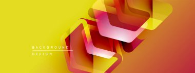 Soyut geometrik şekiller örtüşüyor, canlı renk eğimleri yaratıyor. Sarı arka planda baskın, turuncu, pembe röflelerle. Modern tasarım ögesi.