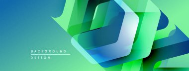 Soyut geometrik şekiller örtüşüyor, canlı yeşil, mavi renkler yaratıyor. Modern tasarım teknoloji, yenilik, derinlik öneriyor.