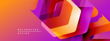 Soyut geometrik tasarım. Canlı gradyanlar turuncu, mor ve kırmızıyı harmanlarlar. Üst üste binen şekiller dinamik görsel doku yaratır. Modern arkaplan ögesi.