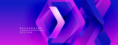 Soyut eğim arkaplanı. Üst üste binen geometrik şekiller dinamik görsel efekt yaratır. Mor, mavi renkler tasarımda baskın. Modern, gösterişli estetik..
