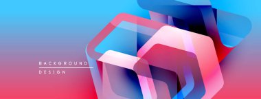 Soyut geometrik şekiller örtüşüyor, canlı renk eğimleri yaratıyor. Pembeye mavi geçişler, modern arkaplan tasarımı oluşturur.