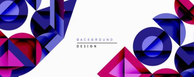 Soyut geometrik bileşim. Üst üste binen daireler, üçgenler dinamik görsel efekt yaratır. Derin maviler, canlı kırmızılar beyaz uzaya hükmediyor. Modern tasarım ögesi.