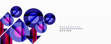 Soyut geometrik bileşim. Üst üste binen daireler, üçgenler dinamik görsel efekt yaratır. Mor, mavi renkler tasarımda baskın. Minimalist tarz, modern estetik. Temiz arkaplan şekilleri geliştirir.