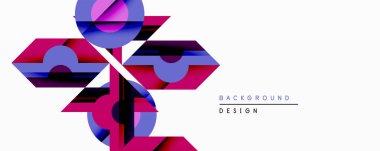 Soyut geometrik bileşim. Üst üste binen şekiller dinamik görsel efekt yaratır. Canlı mor, mor renkler beyaz uzaya hakim. Modern tasarım ögesi.