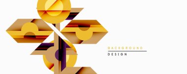 Soyut geometrik tasarım katmanlı altın şekiller içerir. Üst üste binen daireler, dikdörtgenler dinamik bileşim oluşturur. Minimalist tarz, modern estetik, uygun arkaplan ögesi.