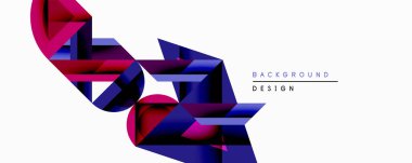 Soyut geometrik şekiller dinamik bileşim yaratır. Canlı mor, koyu mor, mavi renkler harmanlanarak modern arka plan tasarımını oluşturuyor. Minimalist estetik, temiz çizgiler görsel alana hakim..