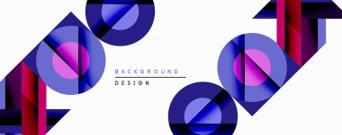 Soyut geometrik bileşim. Üst üste binen daireler, kareler dinamik görsel efektler yaratır. Mor, mavi renkler tasarımda baskın. Modern, minimalist estetik.