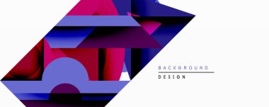 Soyut geometrik bileşim. Üst üste binen şekiller dinamik görsel efekt yaratır. Mor, kırmızı, mavi gradyanlar dizaynın hakimi. Modern, minimalist estetik.