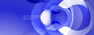 Soyut mavi tasarım, üst üste binen daireler. Gradyan gölgeler derinlik yaratır, modern estetik. Minimalist kompozisyon, temiz çizgiler.