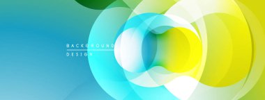 Soyut, enerjik çemberler çakışıyor. Mavi, yeşil, sarı renkler düzgün bir şekilde harmanlanır. Arkaplan ve sunumlar için modern tasarım ögesi.