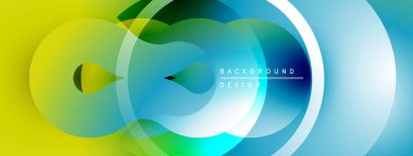 Soyut enerjik tasarım. Üst üste binen daireler, gradyanlar modern görsel efektler yaratır. Mavi, yeşil, sarı renkler kompozisyona hakim..