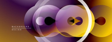 Üst üste binen daireler, gradyanlar içeren soyut kompozisyon. Mor, sarı renkler tasarımda baskın. Modern, dinamik görsel element.