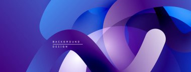 Soyut sıvı şekilleri örtüşür, parlak mor ve mavi renkler yaratır. Modern tasarım hareket, derinlik ve enerji öneriyor.