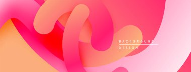 Soyut sıvı şekilleri örtüşür, canlı pembe ve portakallar yaratır. Yumuşak eğimler hareketi, derinliği gösterir. Modern tasarım ögesi.