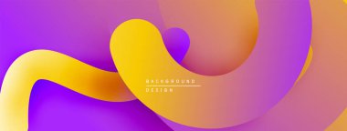 Soyut sıvı şekilleri canlı mor, turuncu ve sarı renkleri harmanlar. Modern tasarım hareketi, enerjiyi, yumuşak eğilimleri çağrıştırıyor.