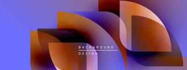 Soyut tasarım özellikleri üst üste binen şekiller, gradyanlar. Mor, turuncu renkler kompozisyona hakim. Modern estetik, dinamik görsel etki.