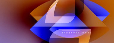 Soyut tasarım katmanlı şekiller, canlı renkler içerir. Gradyan, turuncu, mavi ve mor renkleri harmanlıyor. Modern estetik, dinamik kompozisyon.