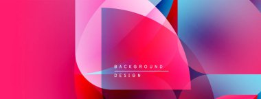 Soyut, enerjik bir arkaplan. Üst üste binen şekiller dinamik görsel efekt yaratır. Pembe, mavi, kırmızı renkler kompozisyona hakim. Modern tasarım ögesi.