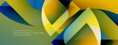 Soyut geometrik şekiller örtüşüyor, canlı renk eğimleri yaratıyor. Sarılar, yeşiller, maviler kusursuz bir şekilde harmanlanır. Modern tasarım ögesi.