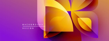 Soyut geometrik şekiller örtüşüyor, canlı mor, turuncu, sarı renkler yaratıyor. Arkaplan ve sunumlar için modern tasarım ögesi.