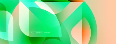 Soyut geometrik şekiller örtüşüyor, canlı yeşil, turuncu gradyanlar yaratıyor. Modern tasarım dijital sanatı, pürüzsüz geçişleri öneriyor.