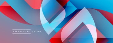 Soyut geometrik şekiller örtüşür, parlak mavi, kırmızı ve pembe renkler yaratır. Modern tasarım elementleri dinamik hareketi, pürüzsüz geçişleri önerir.