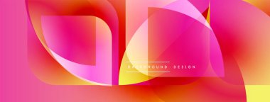 Soyut enerjik tasarım. Üst üste binen şekiller dinamik değişim etkisi yaratır. Pembe, turuncu, sarı renkler kompozisyona hakim. Modern estetik.