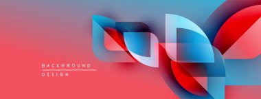 Soyut geometrik şekiller örtüşüyor, canlı renk eğimleri yaratıyor. Kırmızı, mavi renkler tasarıma egemen, modern estetik.