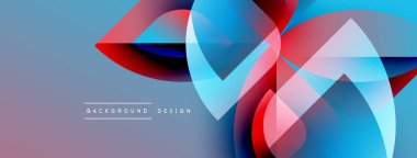 Soyut tasarım canlı örtüşen şekiller içerir. Mavi, kırmızı, beyaz renkler mor gradyan arkaplana karışıyor. Modern estetik.