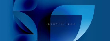 Soyut mavi katmanlar dinamik bileşim yaratır. Modern tasarım akışkan şekiller, gradyanlar, metin elementleri içerir. Minimalist estetik.