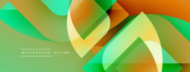 Soyut geometrik şekiller örtüşür, canlı gradyanlar yaratır. Yeşil, sarı, turuncu renkler tasarımda baskın. Modern arkaplan dokusu.