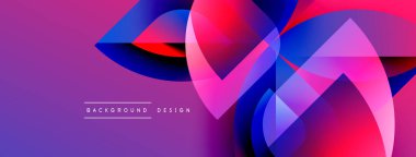 Soyut enerjik tasarım. Üst üste binen şekiller dinamik görsel efekt yaratır. Mor, mavi, pembe renkler kompozisyona hakim. Modern estetik.