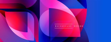 Soyut geometrik şekiller örtüşüyor, canlı renk eğimleri yaratıyor. Pembe, mor, mavi renkler kompozisyona hakim. Modern tasarım ögesi.
