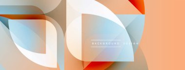 Soyut geometrik şekiller çakışıyor, yumuşak renk eğimleri yaratıyor. Şeftali, mavi, turuncu renkler tasarımda baskın. Minimalist stil.