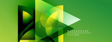 Soyut geometrik şekiller örtüşür, canlı yeşil gradyan arkaplan oluşturur. Modern tasarım elementleri yenilik ve teknoloji öneriyor.