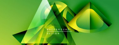 Soyut geometrik şekiller örtüşür ve canlı yeşil bir zemin oluşturur. Modern tasarım yarı saydam katmanlar, gradyanlar, dinamik bileşimler içerir.