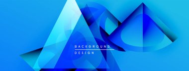 Soyut mavi tasarım geometrik şekiller, gradyanlar, üst üste binen katmanlar içerir. Modern estetik, dinamik kompozisyon, canlı renkler.