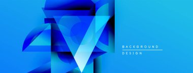 Soyut mavi tasarım katmanlı geometrik şekiller içerir. Gradyan renkler derinlik yaratır, modern estetik. En küçük metin arkaplan amacını gösterir.