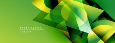 Soyut geometrik şekiller örtüşüyor, canlı yeşil, sarı renkler yaratıyor. Modern tasarım enerji, hareket, derinlik öneriyor. Arkaplanda metin ögeleri.