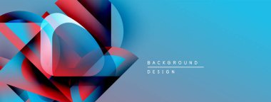 Soyut geometrik şekiller örtüşüyor, canlı mavi ve kırmızı renkler yaratıyor. Arkaplan tasarım metni mevcut. Modern estetik.