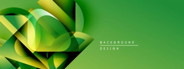 Soyut yeşil şekiller örtüşür, dinamik görsel efekt yaratır. Gradyan arkaplan derinlik ekler, metin tasarım ögesini gösterir.