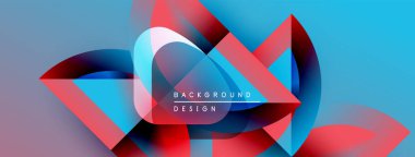Soyut geometrik şekiller örtüşüyor, canlı mavi ve kırmızı renkler yaratıyor. Metin, merkez beyaz boşluk içindeki arkaplan tasarımını okur. Modern, dinamik kompozisyon.